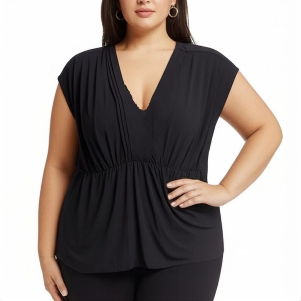 Liz Claiborne Black Stretch Jersey V-Neck Cap Sleeve Blouse Top 1X / 2X